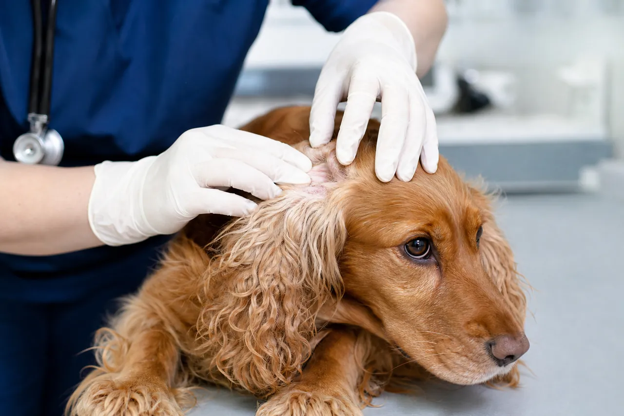 Vet examining a Cocker Spaniel's skin for allergic dermatitis