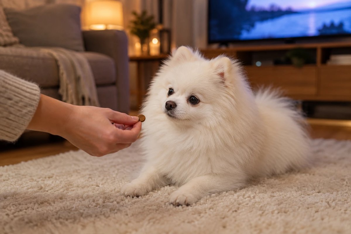 Owner giving a small treat to a relaxed white Pomeranian lying on a rug in a softly lit living room
