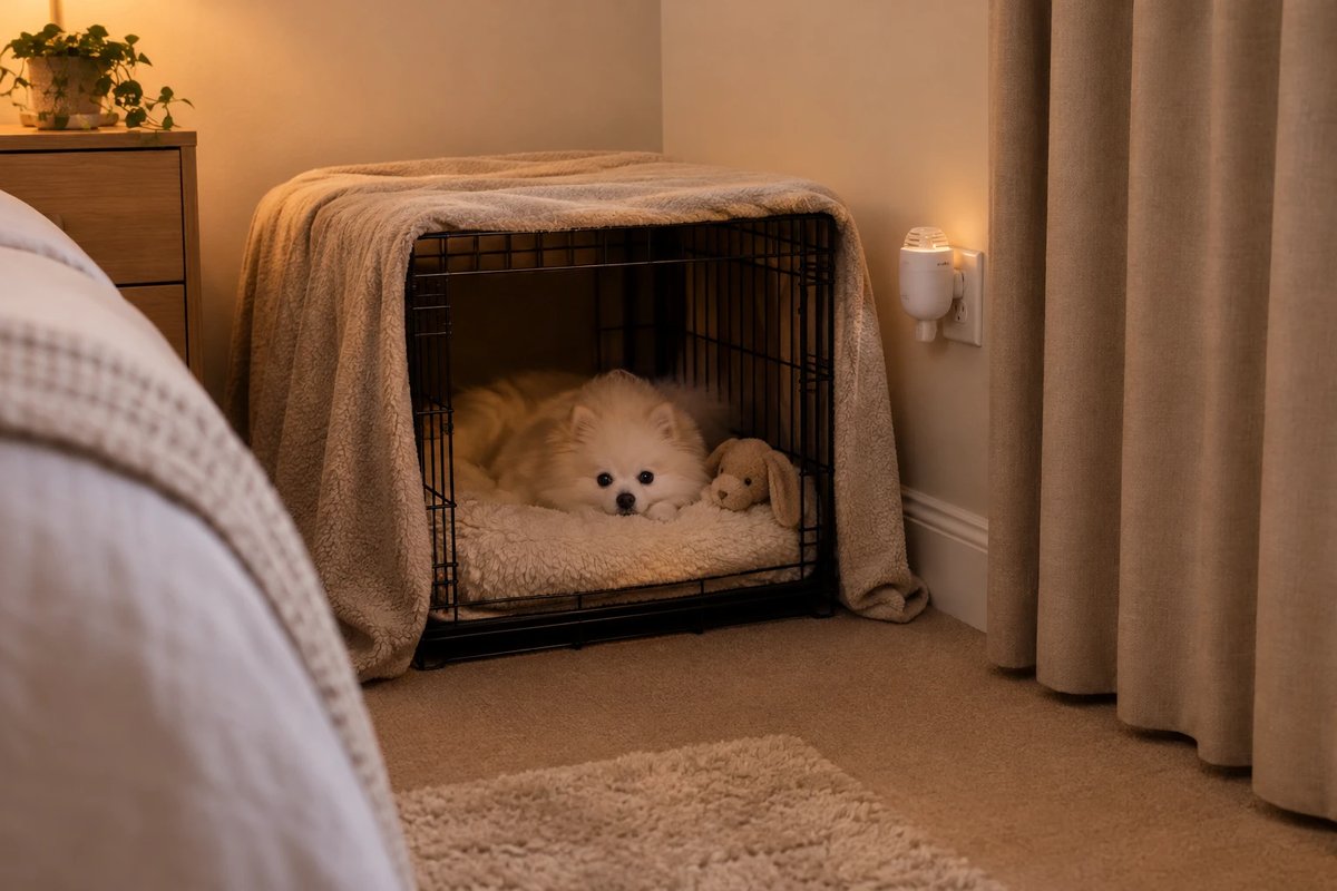 White Pomeranian resting calmly in a covered dog crate with a blanket and a plug-in diffuser on the wall nearby