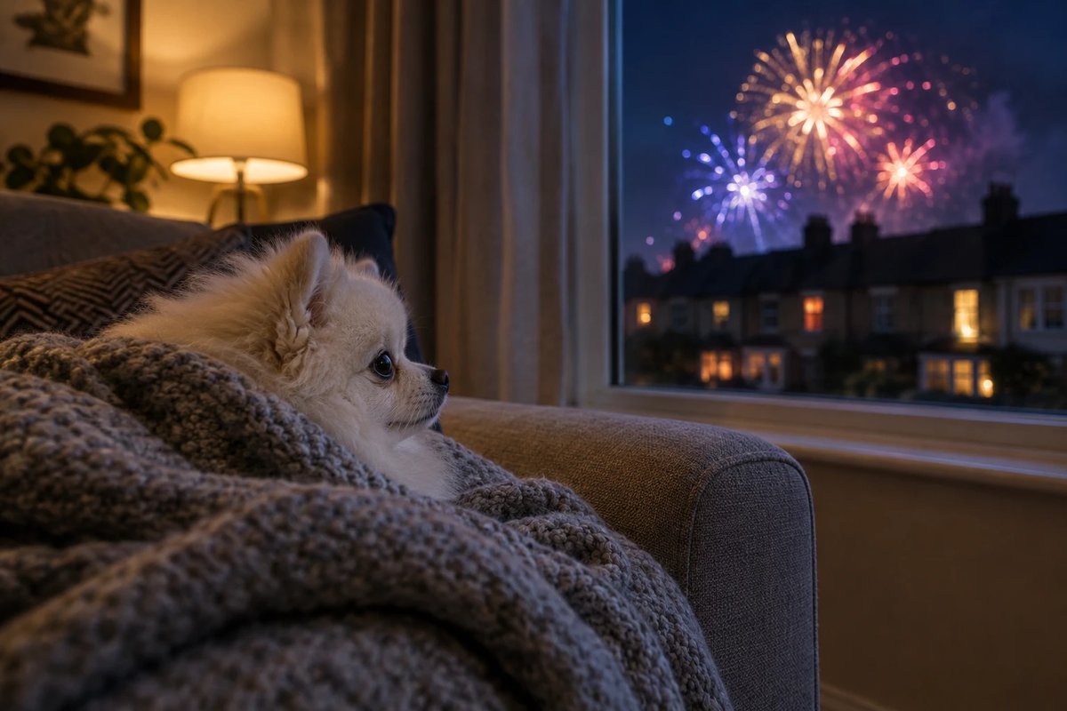 White Pomeranian hiding under a blanket on a sofa while fireworks light up the window at night