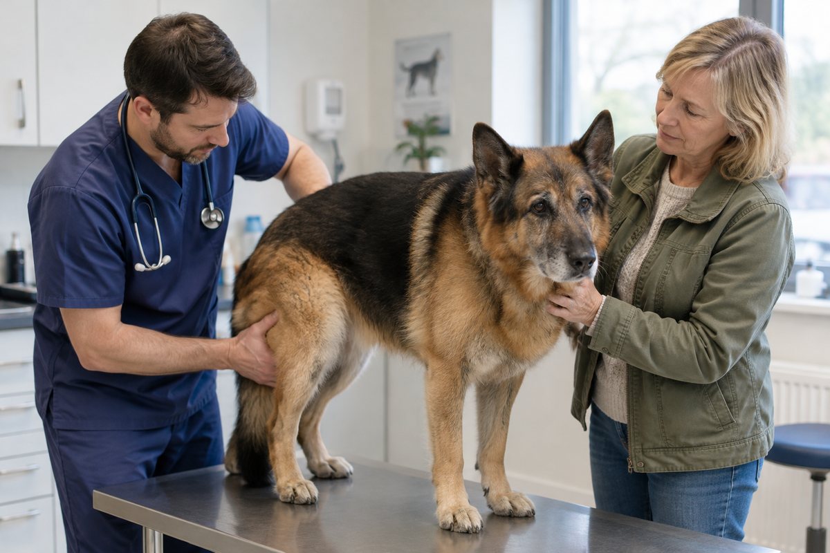 Vet examining a senior German Shepherd on the consulting table while the owner holds the dog