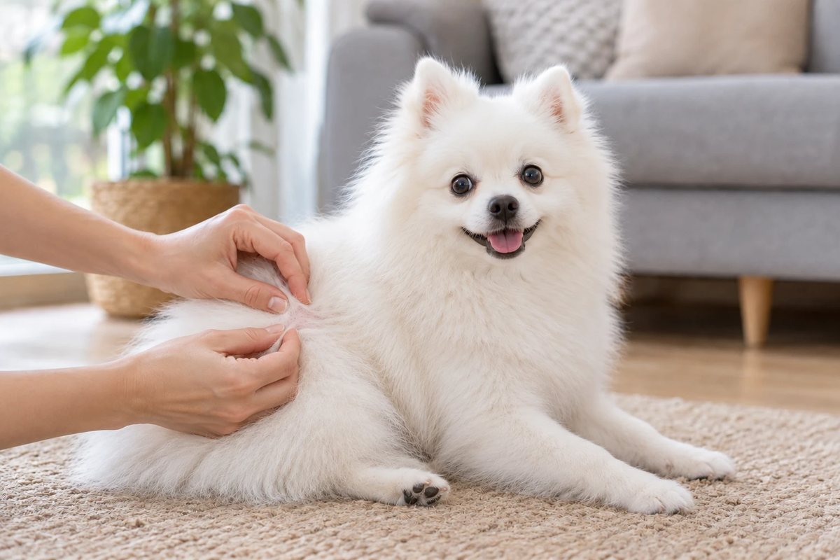 Owner parting the fur of a white Pomeranian to check for fleas on a living room rug