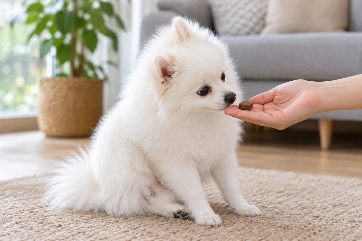 White Pomeranian sniffing a flavoured flea and tick chew on its owner's open palm