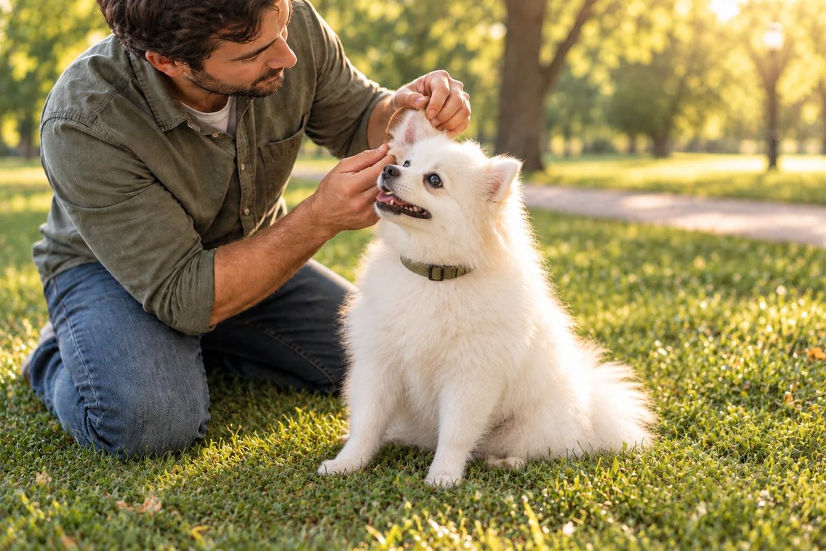 Owner checking a white Pomeranian's ear for ticks in a sunny park