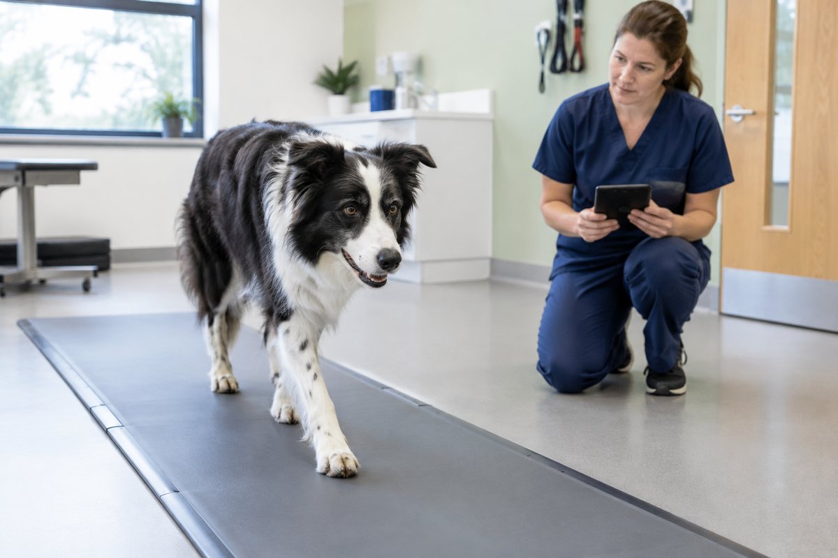 Dog walking across a gait analysis mat in a veterinary clinic while a vet watches