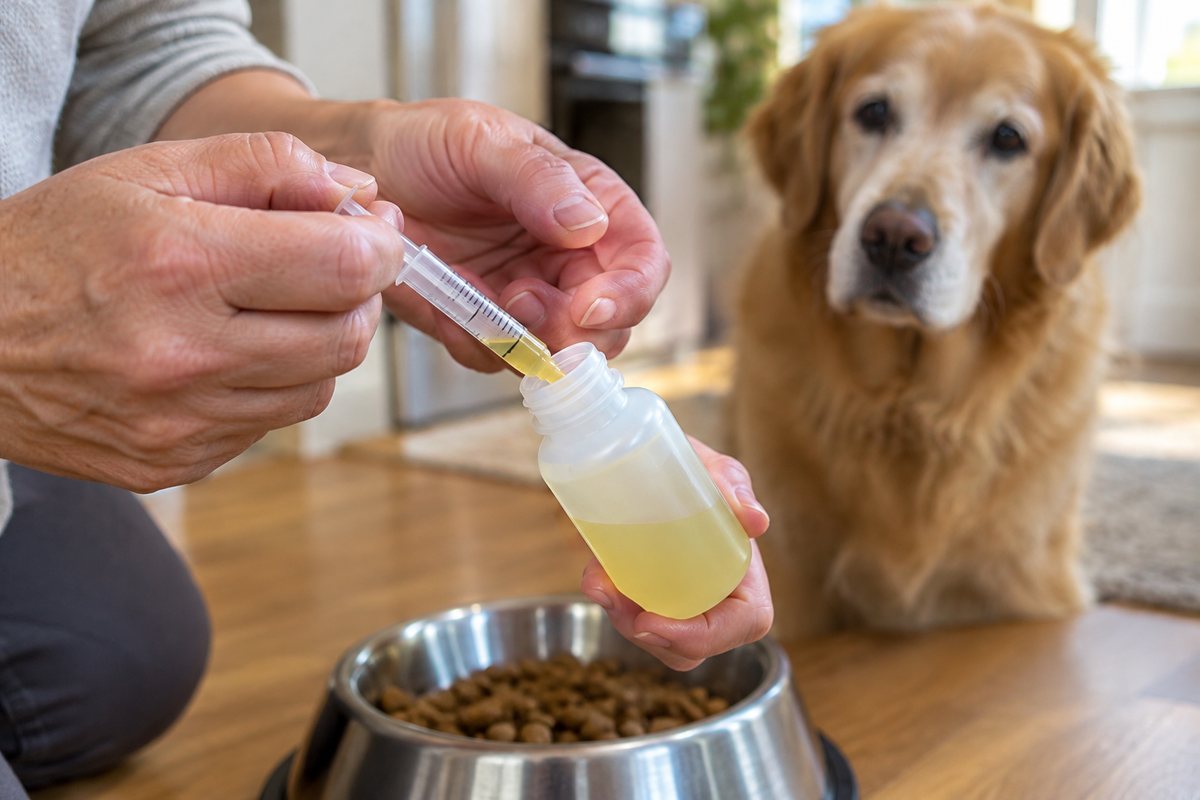 Owner measuring a liquid dose with an oral syringe over a dog's food bowl